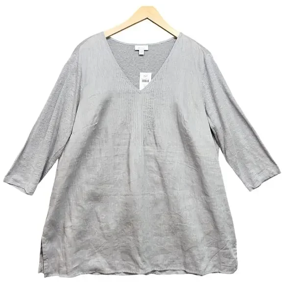 NWT J Jill Love Linen Shirt XL Pintuck Gray Popover Top Lagenlook Cottagecore - Picture 6 of 13